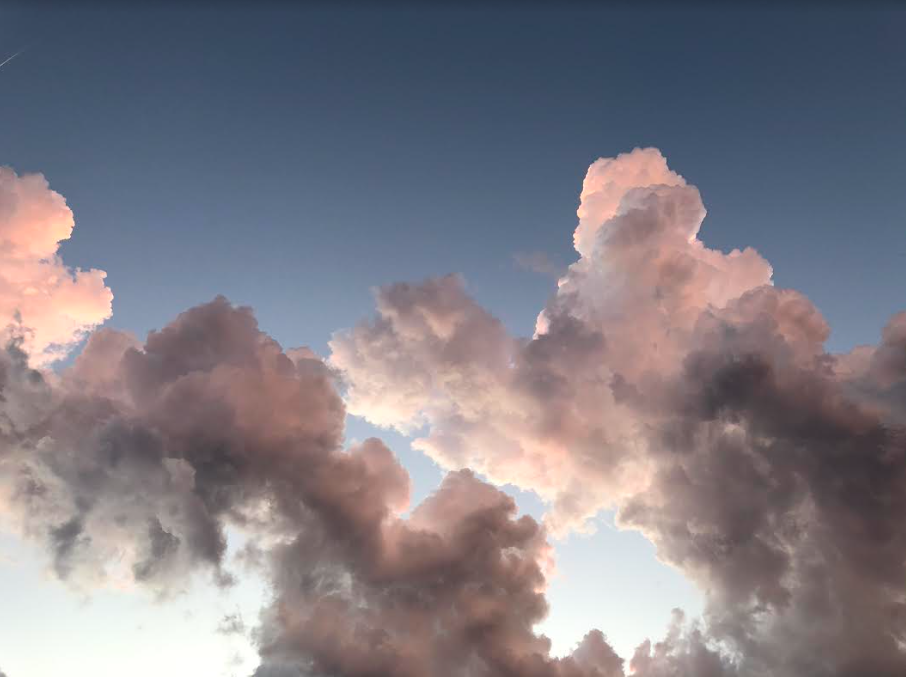 puffy pink & gray clouds in blue sky